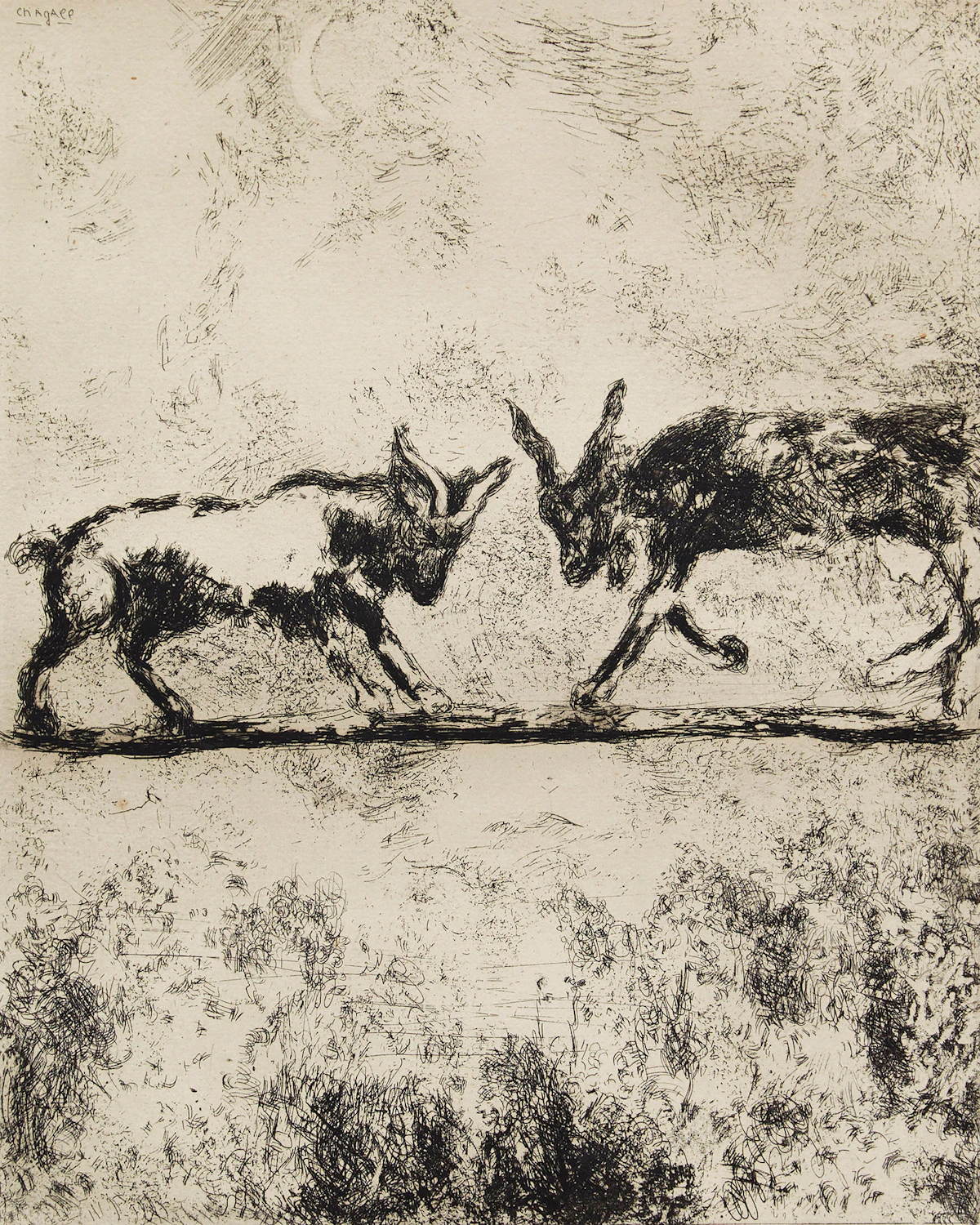 Marc Chagall, Les Deux Chèvres (The Two Goats), Les Fables de la Fontaine, 1952 [plate 98, Cramer 22] , etching and aquatint, 1952