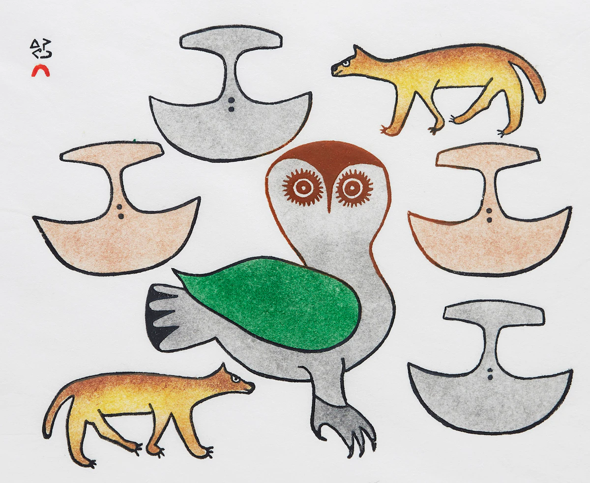 Ningeeuga Oshuitoq, Owl and Wolves with Ulus; Five Faces , two stonecut and stencil prints, 1979 