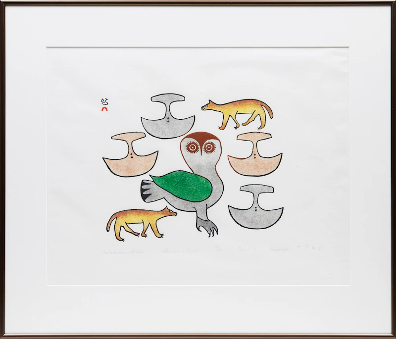 Ningeeuga Oshuitoq, Owl and Wolves with Ulus; Five Faces , two stonecut and stencil prints, 1979  - view 2