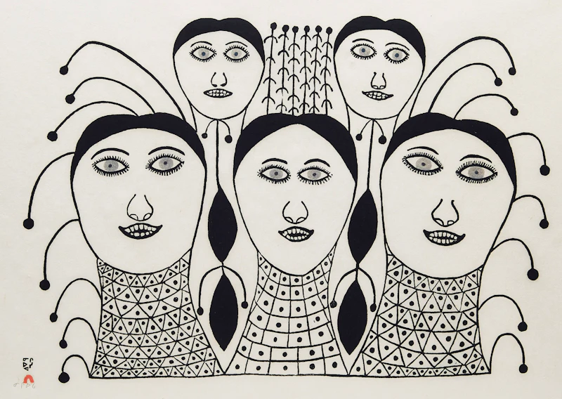 Ningeeuga Oshuitoq, Owl and Wolves with Ulus; Five Faces , two stonecut and stencil prints, 1979  - view 4