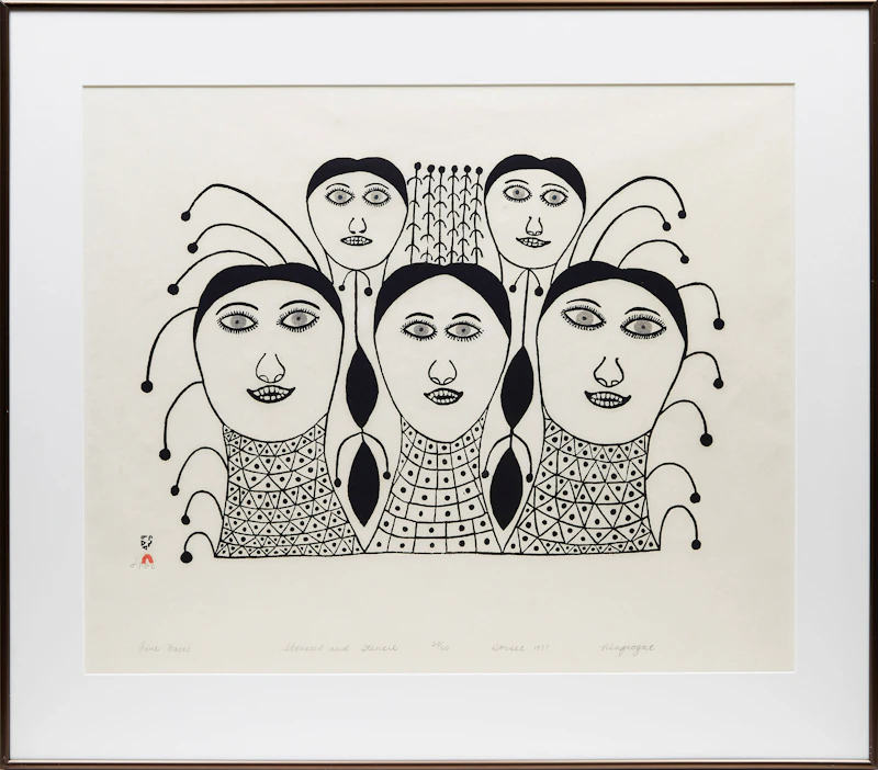 Ningeeuga Oshuitoq, Owl and Wolves with Ulus; Five Faces , two stonecut and stencil prints, 1979  - view 5