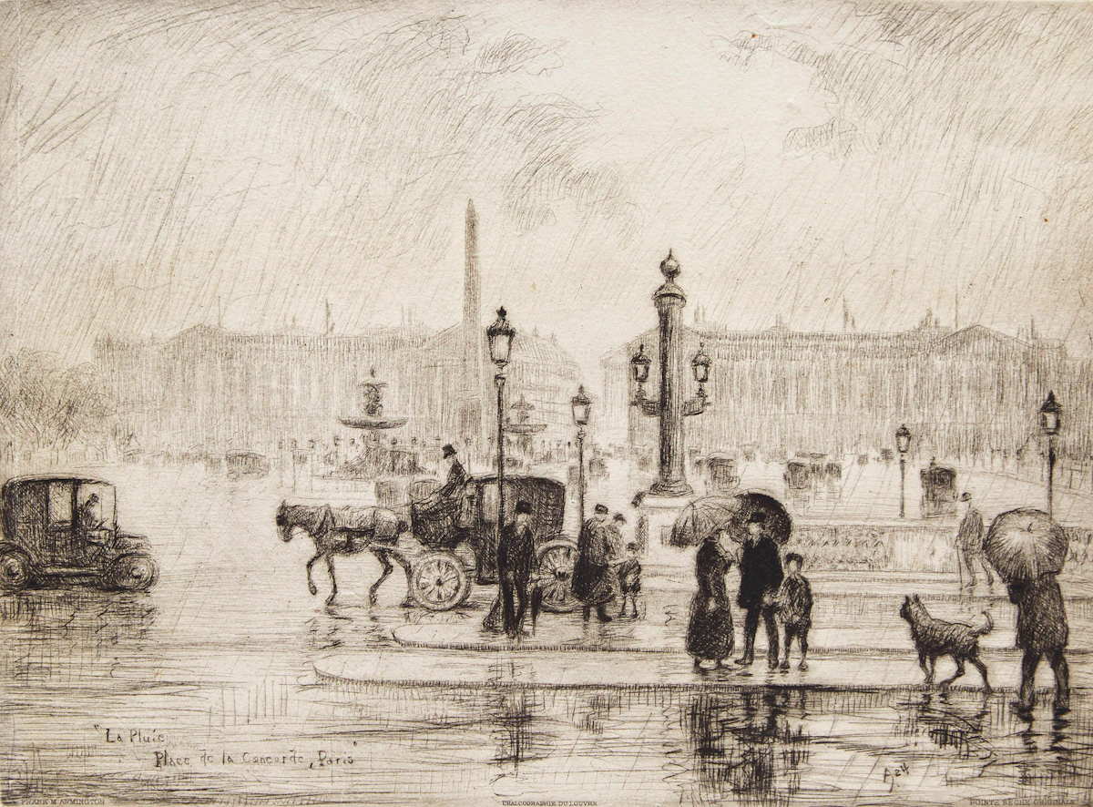 Frank Milton Armington, La Pluie, Place de la Concorde, Paris, etching, 1924