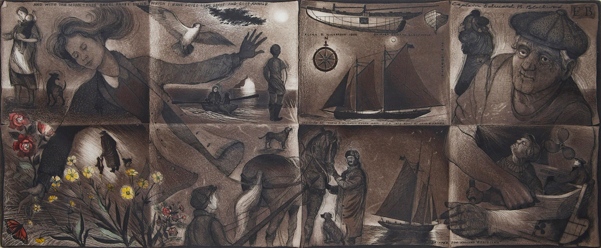 David Lloyd Blackwood, Folded Studies , etching and aquatint with hand colouring, 1993