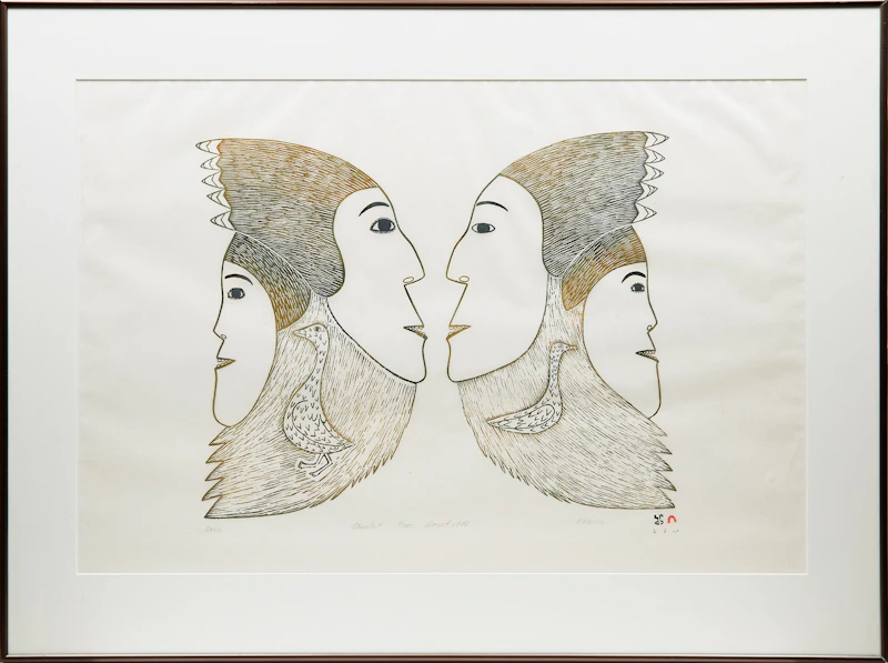 Kakulu Saggiaktok, Ulayu Pingwartok, Eegyvudluk  Pootoogook, Faces; Woman Sewing Kamiks; Young Bears at Play, three stonecuts, 1976 - view 2