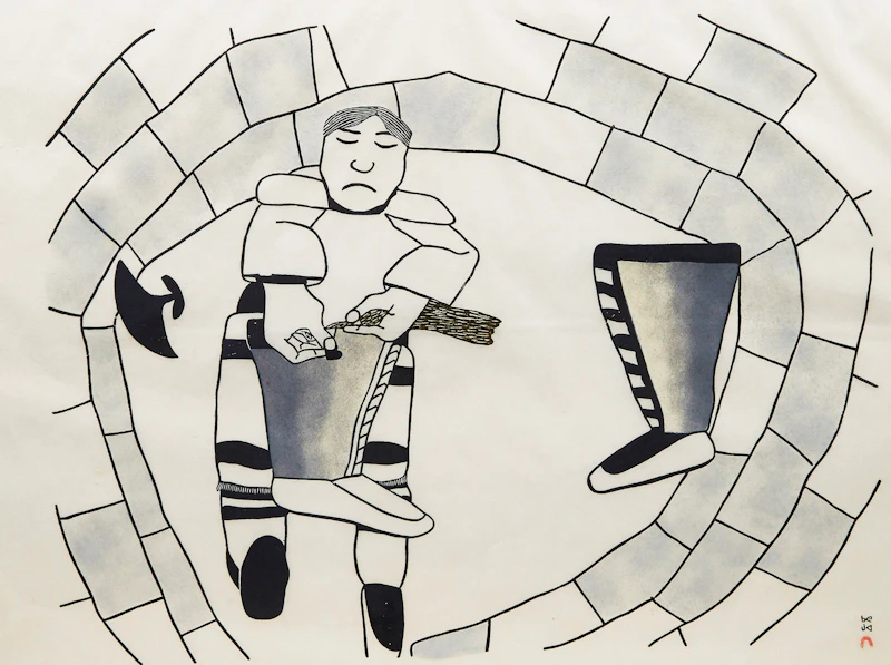 Kakulu Saggiaktok, Ulayu Pingwartok, Eegyvudluk  Pootoogook, Faces; Woman Sewing Kamiks; Young Bears at Play, three stonecuts, 1976 - view 4