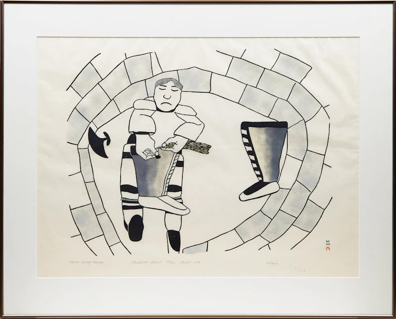 Kakulu Saggiaktok, Ulayu Pingwartok, Eegyvudluk  Pootoogook, Faces; Woman Sewing Kamiks; Young Bears at Play, three stonecuts, 1976 - view 5