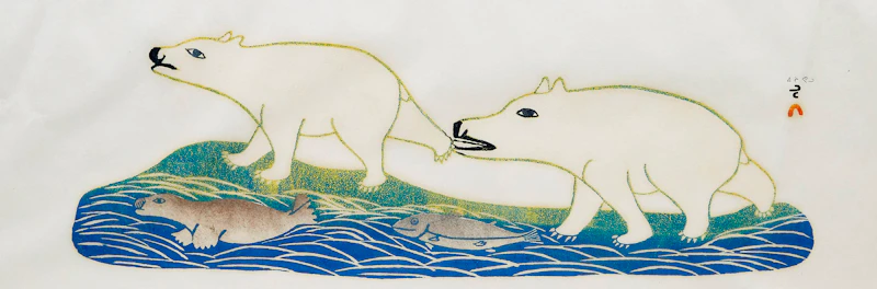 Kakulu Saggiaktok, Ulayu Pingwartok, Eegyvudluk  Pootoogook, Faces; Woman Sewing Kamiks; Young Bears at Play, three stonecuts, 1976 - view 7