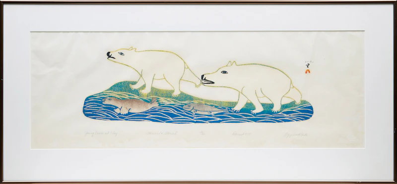 Kakulu Saggiaktok, Ulayu Pingwartok, Eegyvudluk  Pootoogook, Faces; Woman Sewing Kamiks; Young Bears at Play, three stonecuts, 1976 - view 8