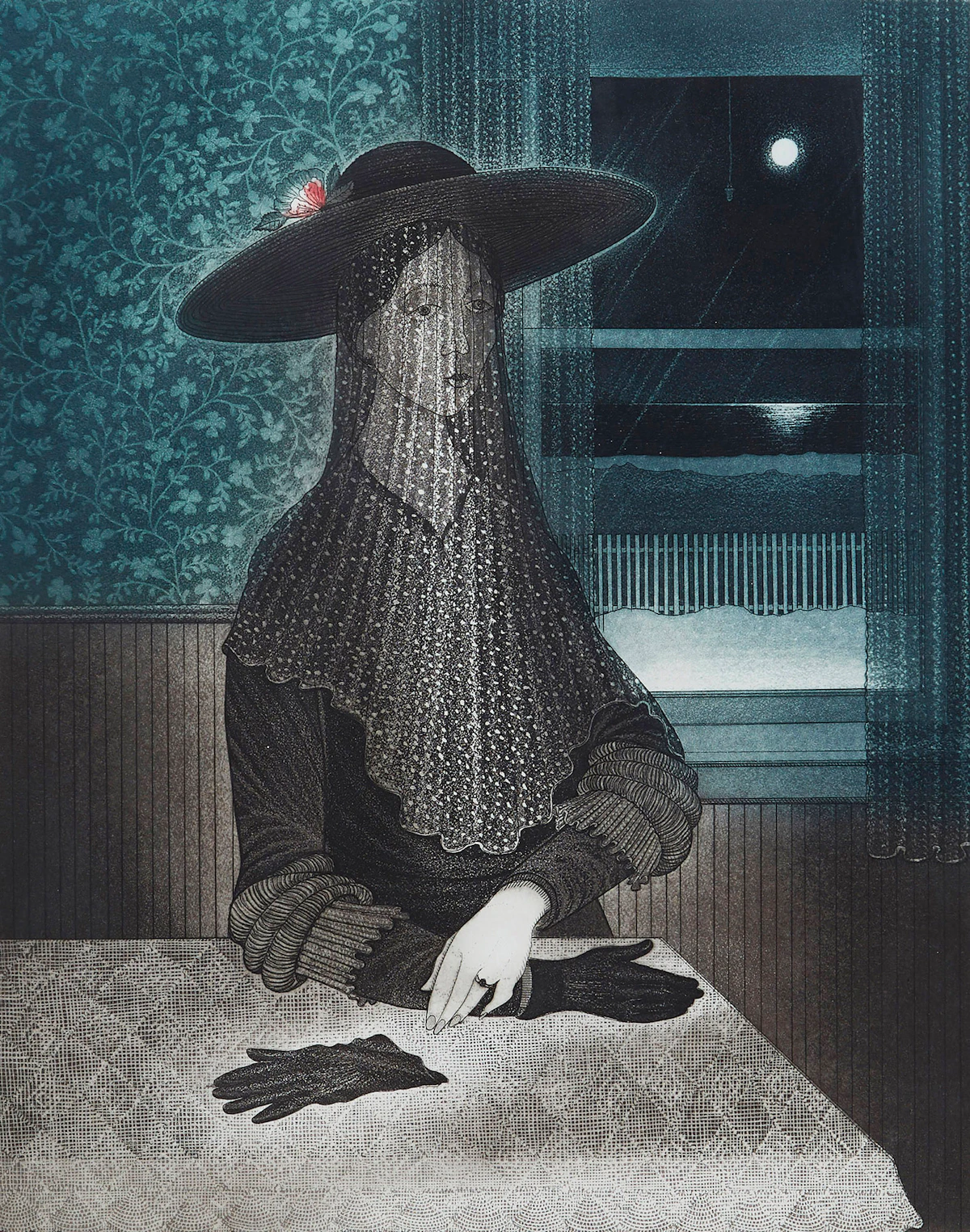 David Lloyd Blackwood, Beautiful Young Mummer in Margaret Fleetham’s House, colour etching and aquatint, 1985