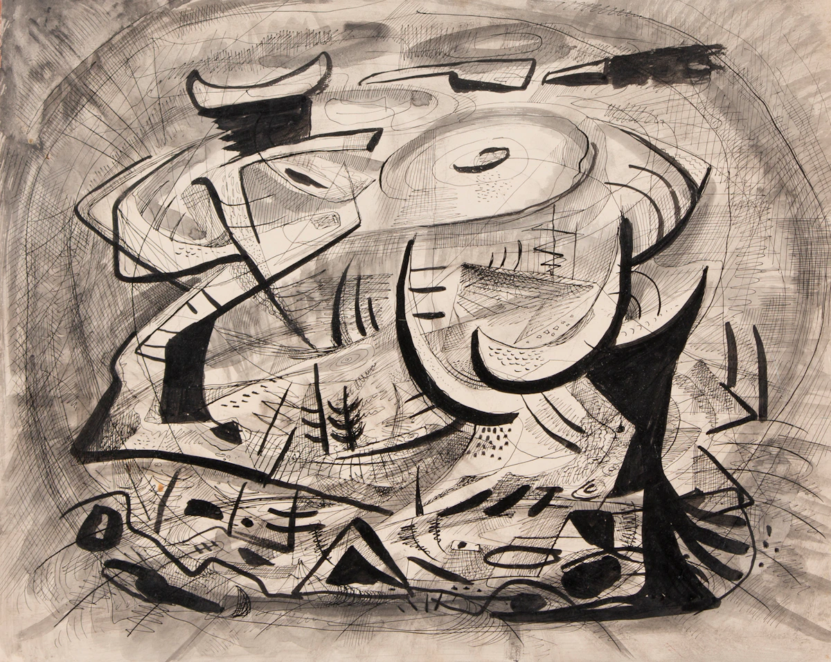 William John Bertram Newcombe, Sun and Waste, ink on gesso on board