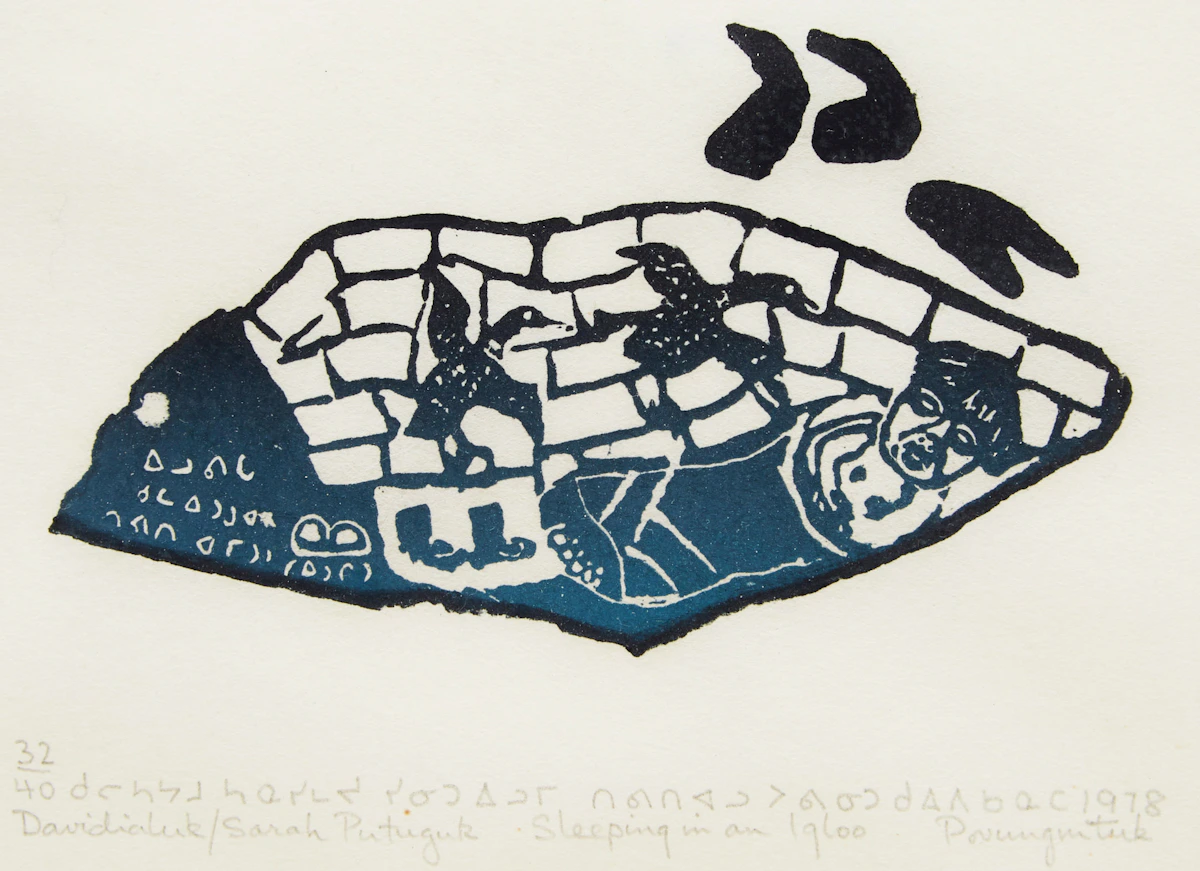 Davidialuk Alasua Amittu, Sleeping in an Igloo, stonecut, 1978