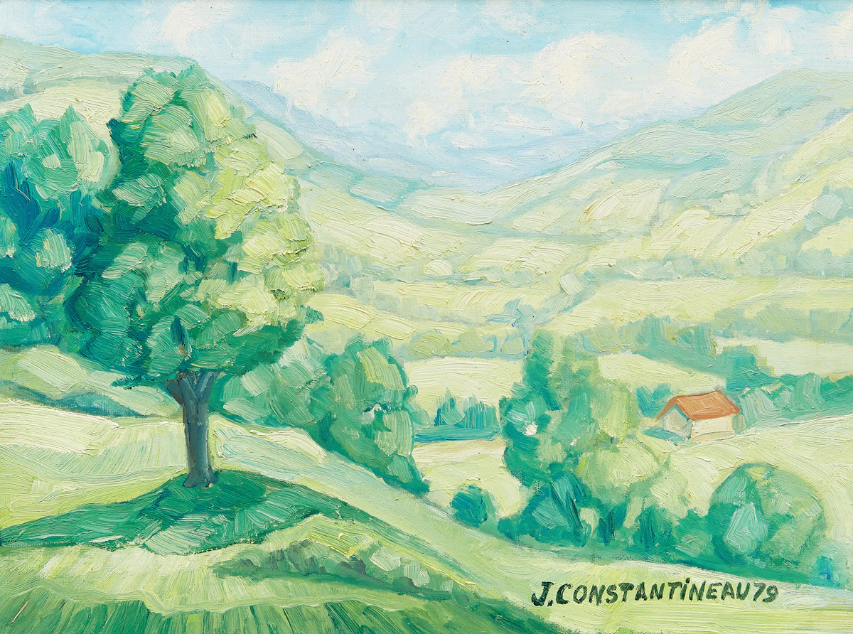 Jean Constantineau, Un coin de la Vallée de Baie St. Paul, oil on board, 1979
