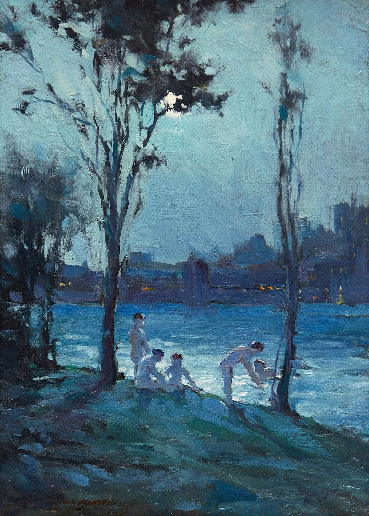 Farquhar McGillivray Strachan Knowles, Summer Night Swim, oil on board