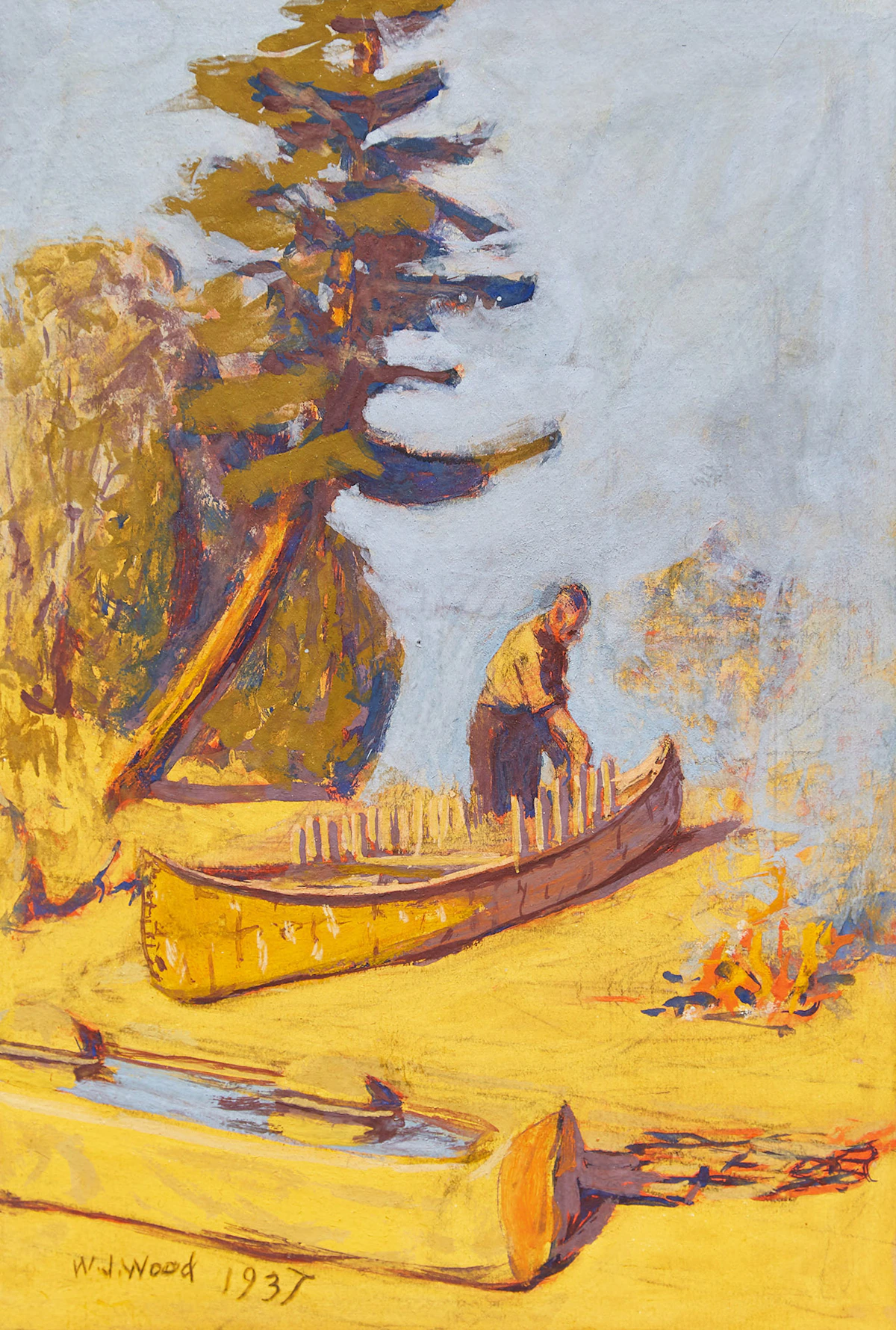 William John Wood, Building a Canoe, gouache on paper, 1937