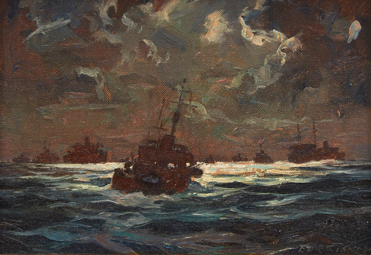 Eric Riordon, Moonlight - Convoy, oil on canvas board