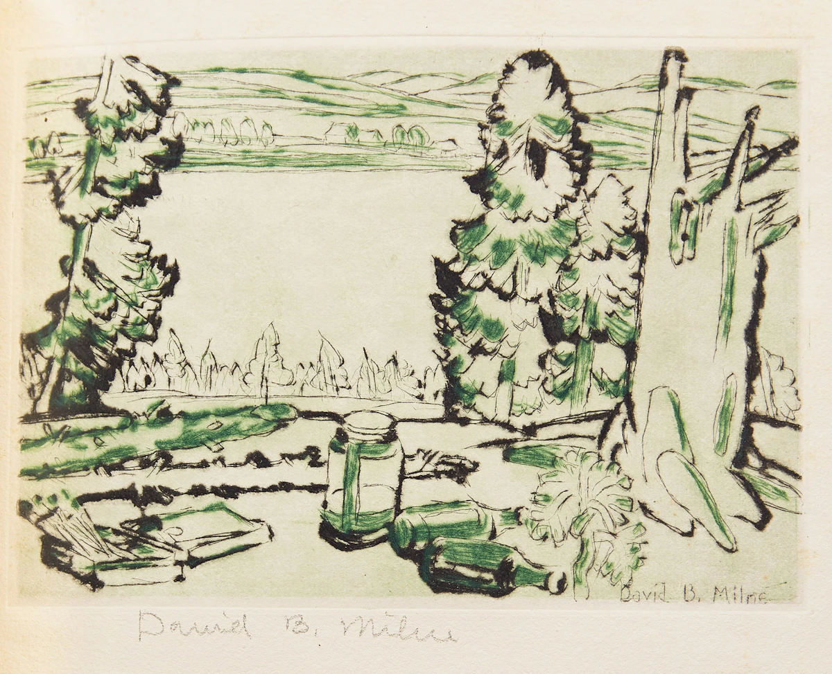 David Brown Milne, Painting Place (Hilltop) within The Colophon, drypoint etching, 1931