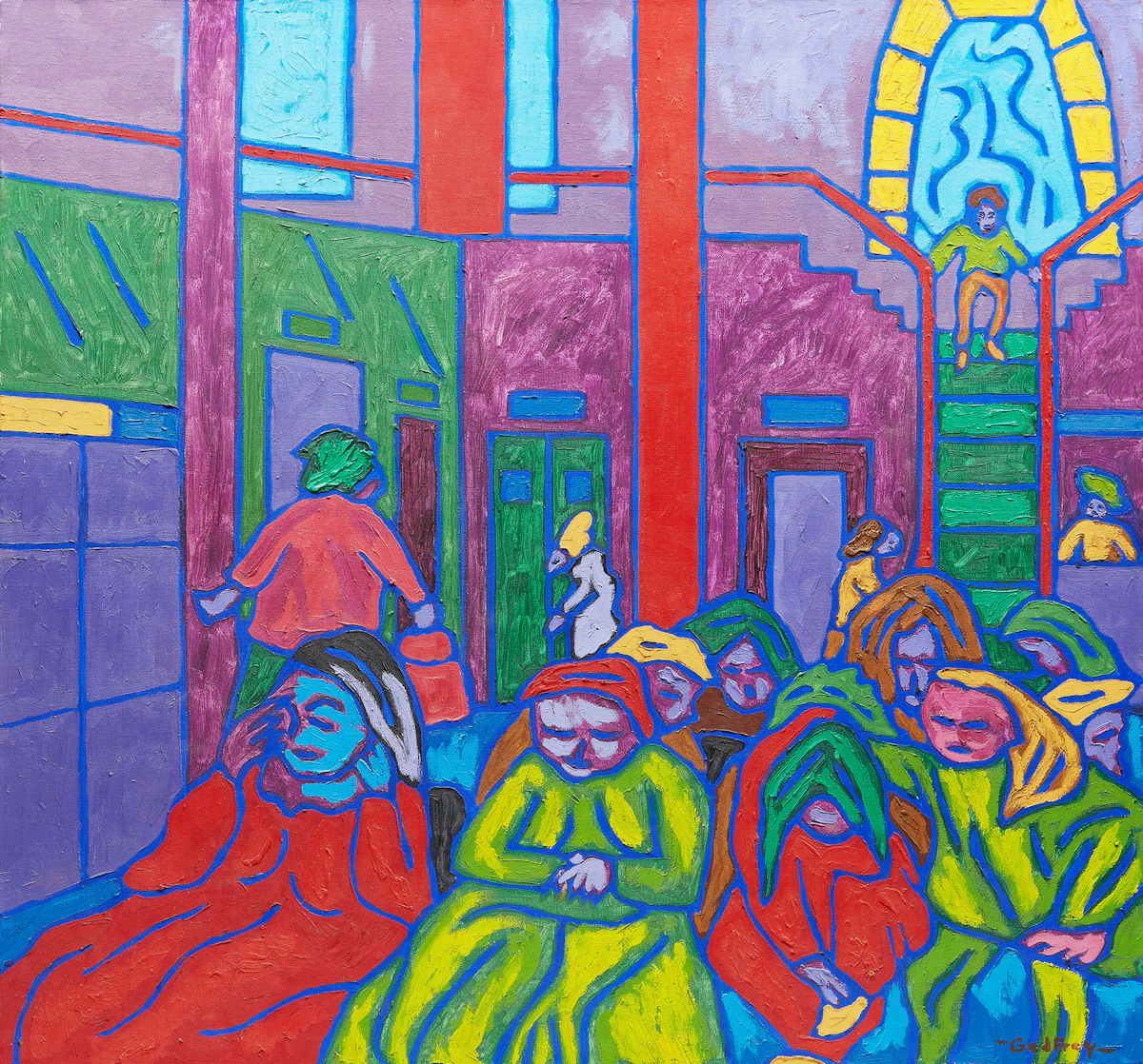John Godfrey, Bus Station Waiting Room, March 1974, oil on canvas