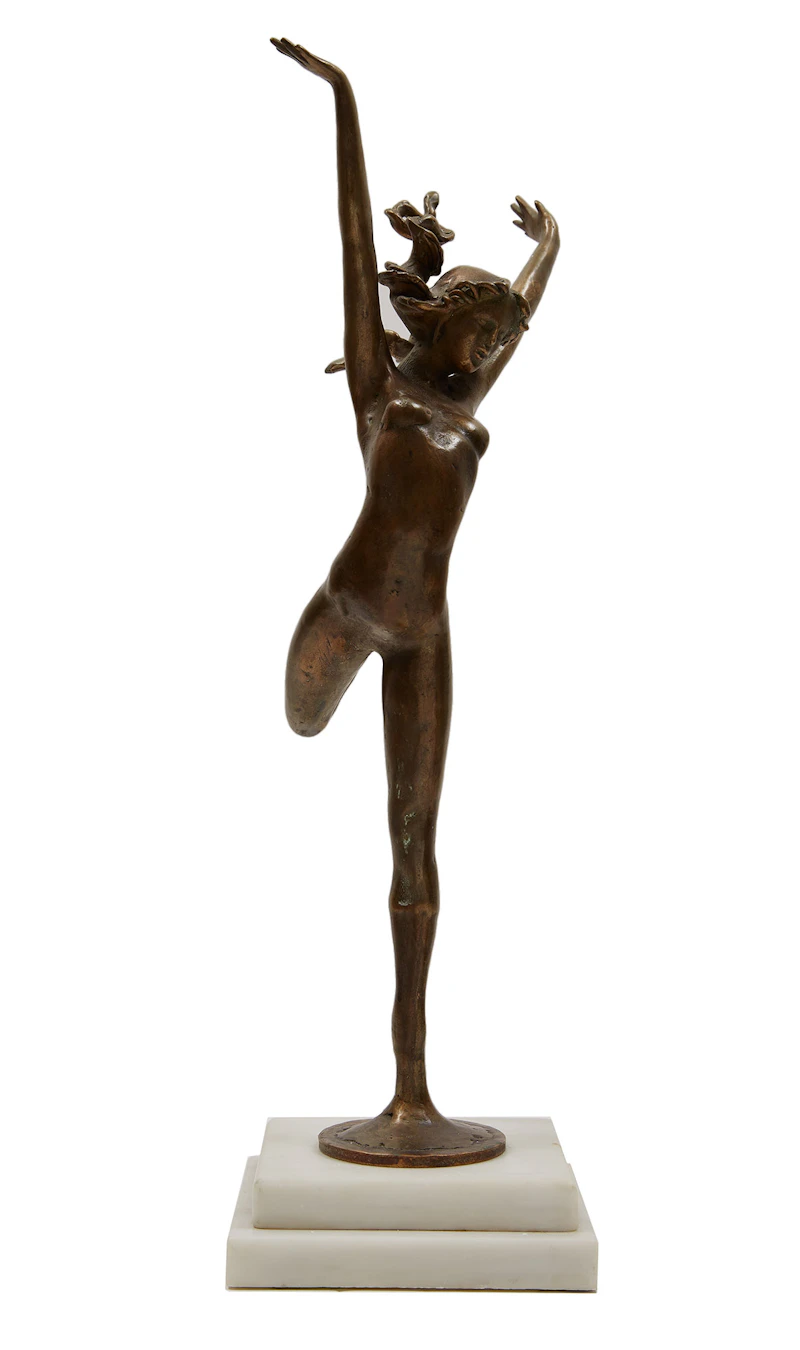 Pat Miele, Reaching Woman with Flowing Hair, bronze on alabaster, 1990 - view 2