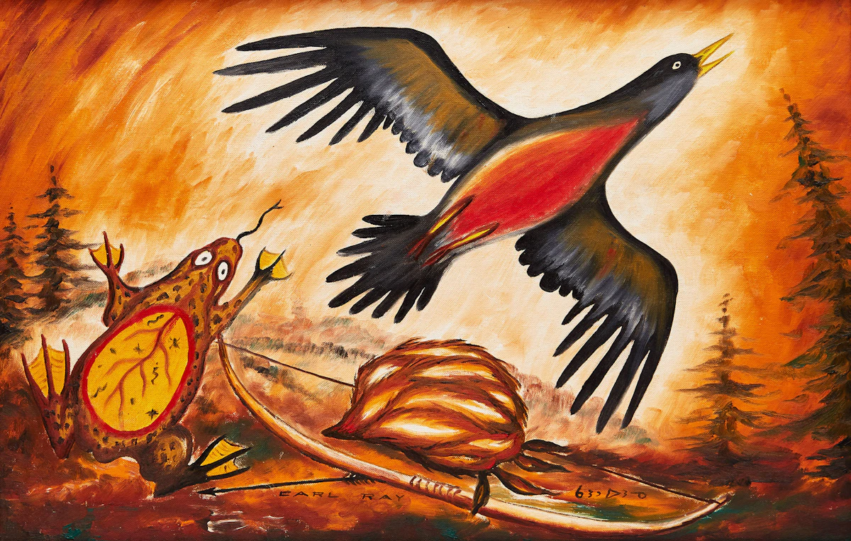 Carl Ray, Bird and Frog, acrylic on canvas board