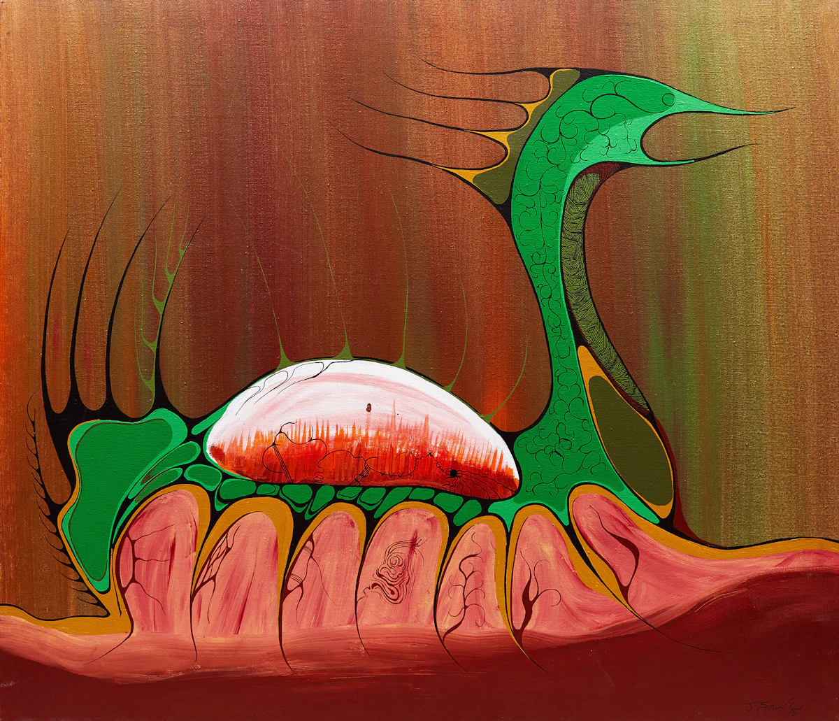 James Mishibinijima Simon, Sweat Lodge Rocks, acrylic on canvas, 1975