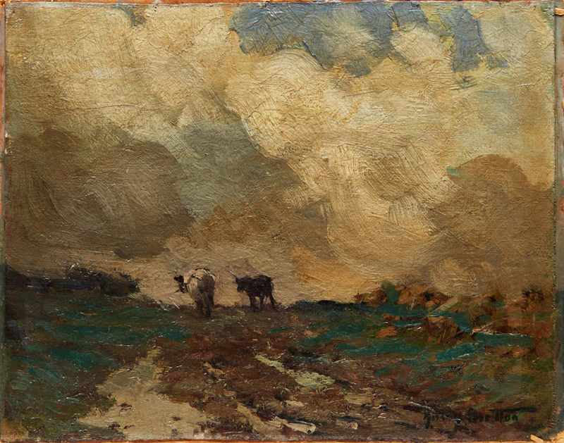Harry Britton, Pines; Landscape with Cows , laid down on board - view 4