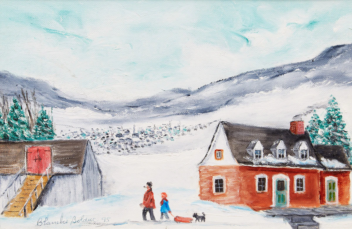 Blanche Bolduc, Figures and Dog , oil on board, 1995