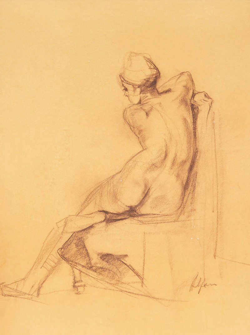 John Alfsen, Female Nude Seated, Backview, conte on paper - view 1