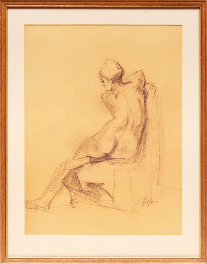 John Alfsen, Female Nude Seated, Backview, conte on paper - view 2