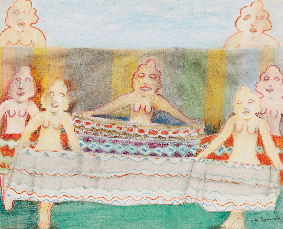 Louis de Niverville, Seven Whimsical Figures, mixed media on paper