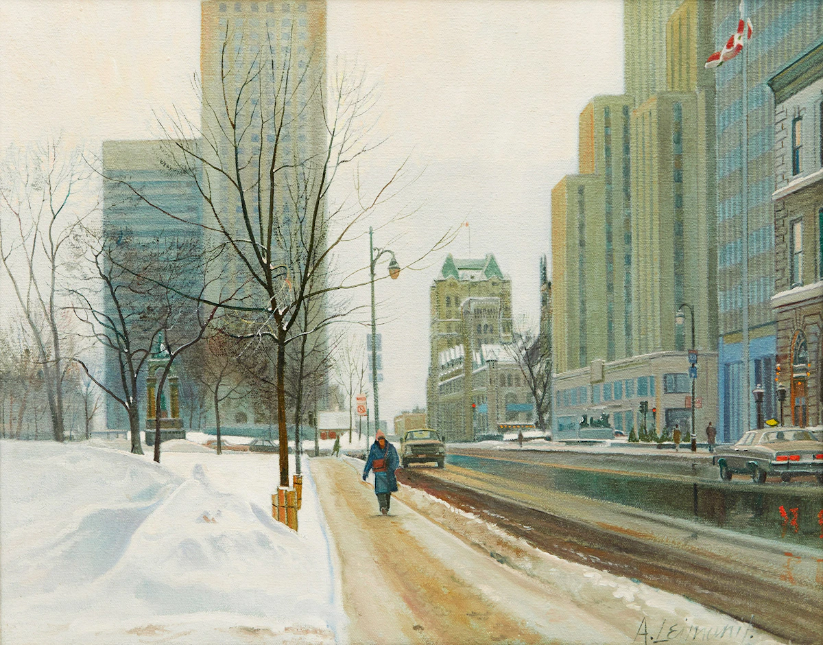 Andris Leimanis, Peel Street at the Old Laurentian Hotel, oil on canvas, 1980