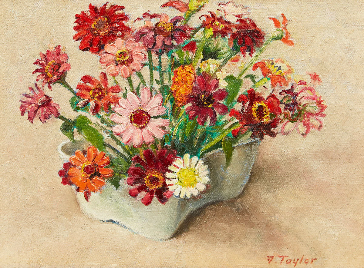 Frederick Bourchier Taylor, Zinnias, oil on board, 1979