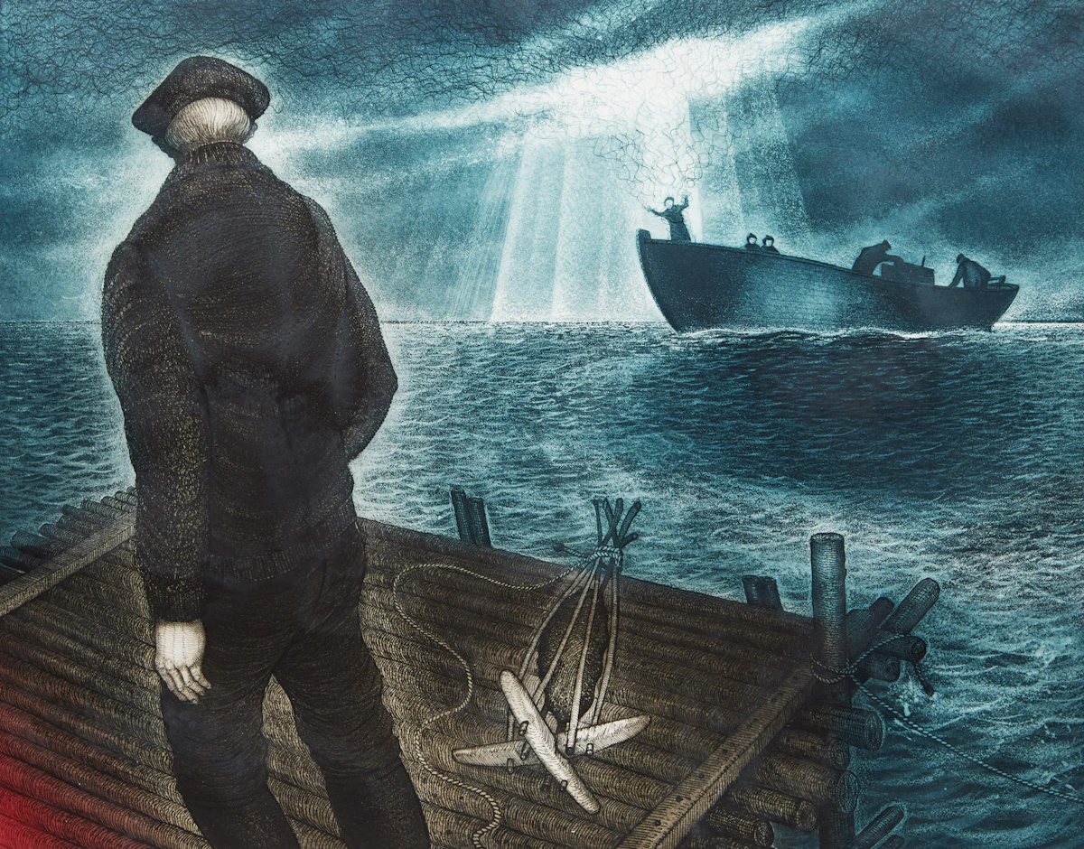 David Lloyd Blackwood, Molly Glover leaving Bragg’s Island, colour etching and aquatint, 1985