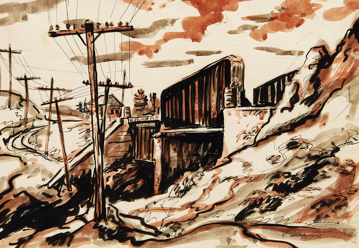Frederick Hagan, Railway Bridge, Severn, Muskoka, ink and wash brush drawing, 1948