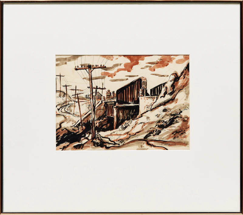 Frederick Hagan, Railway Bridge, Severn, Muskoka, ink and wash brush drawing, 1948 - view 2
