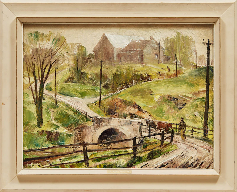Joseph Sidney Hallam, Landscape with Figure and Cows, oil on board - view 2