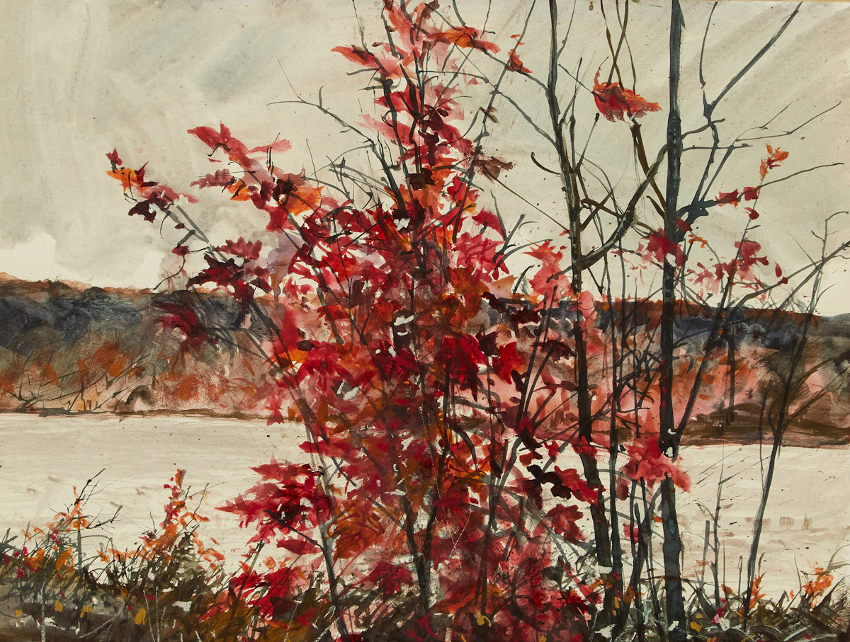 Thomas de Vany Forrestall, Bright Red, Red Maple on the St. John River, watercolour, 1972