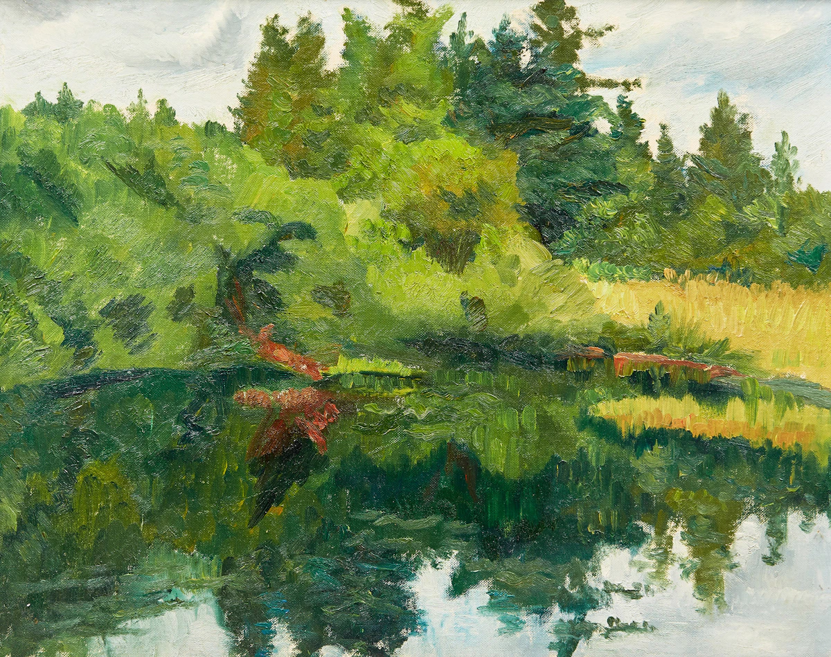 Louis Muhlstock, Reflections in a Lake, oil on canvas board, 1969