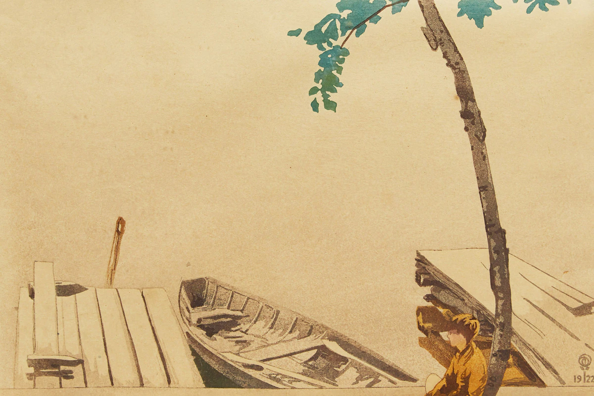 Walter Joseph Phillips, The Dock, colour woodcut