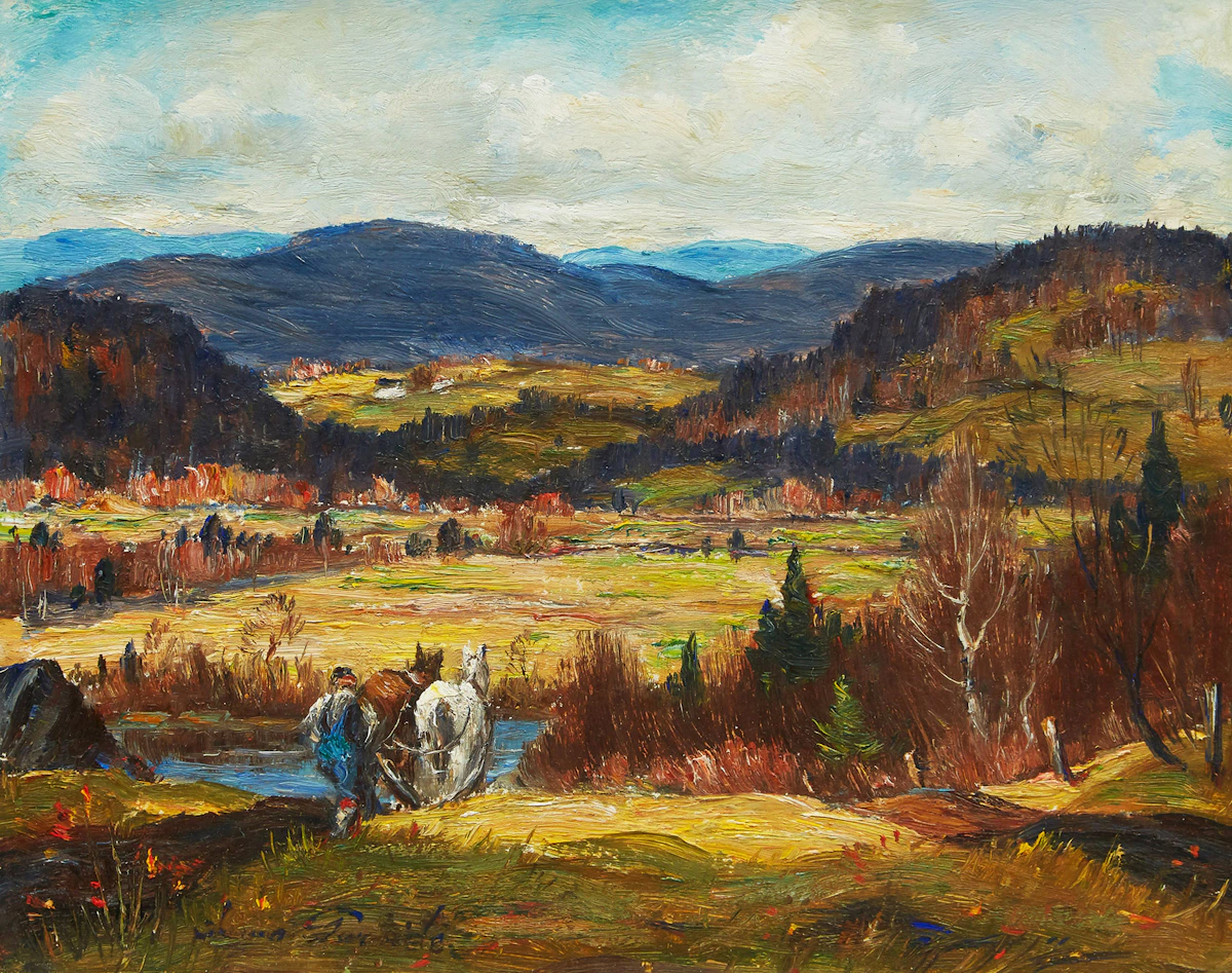 Thomas Hilton Garside, Ploughing, St. Adele Valley, oil on board