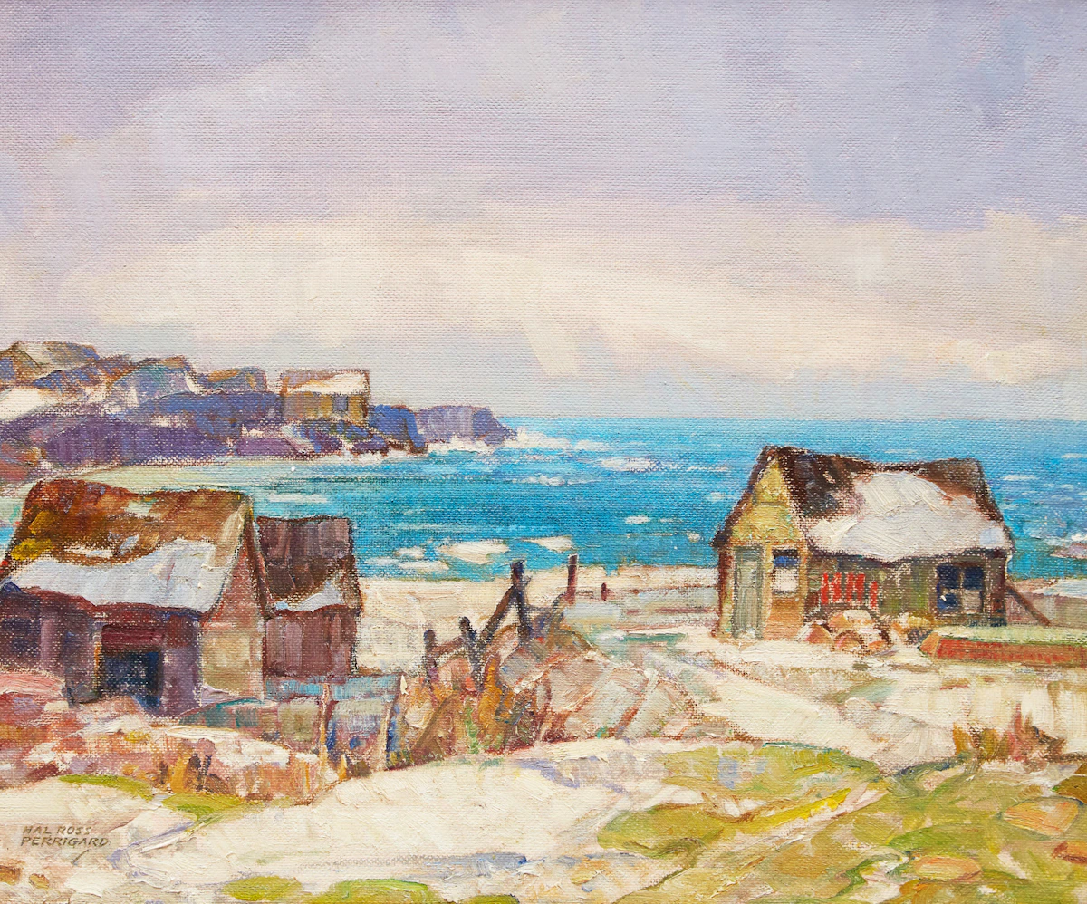 Hal Ross Perrigard, Winter on the Atlantic - Fish Houses , oil on board