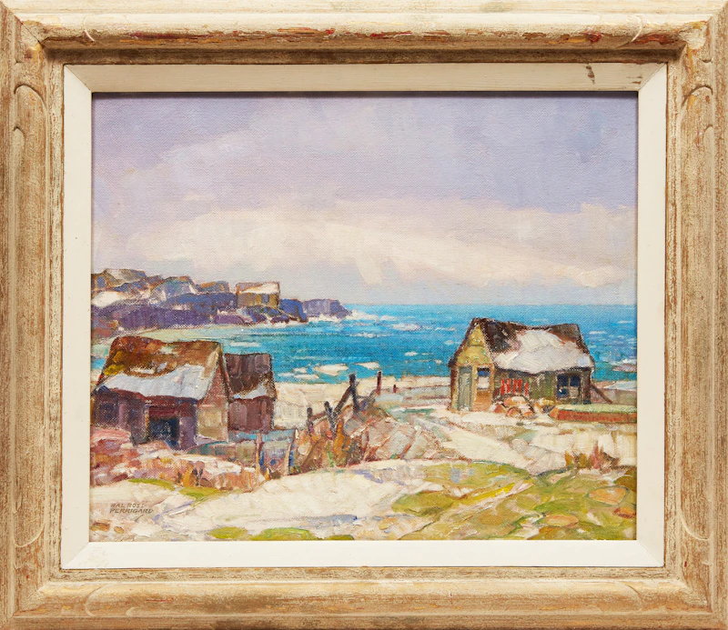 Hal Ross Perrigard, Winter on the Atlantic - Fish Houses , oil on board - view 2