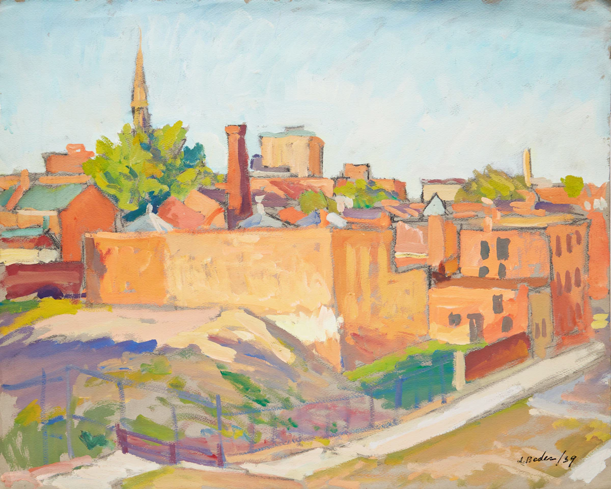 Jack Beder, University Street, Mtl.; City View, Evening, Montreal , two gouaches on paper, 1939