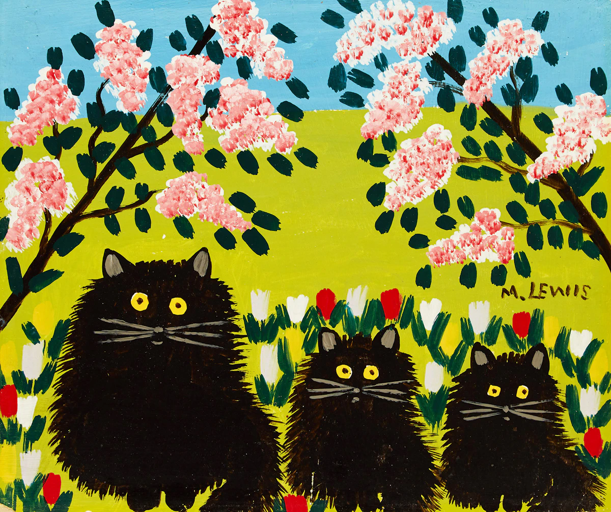 Maud Lewis, Three Black Cats, mixed media on board
