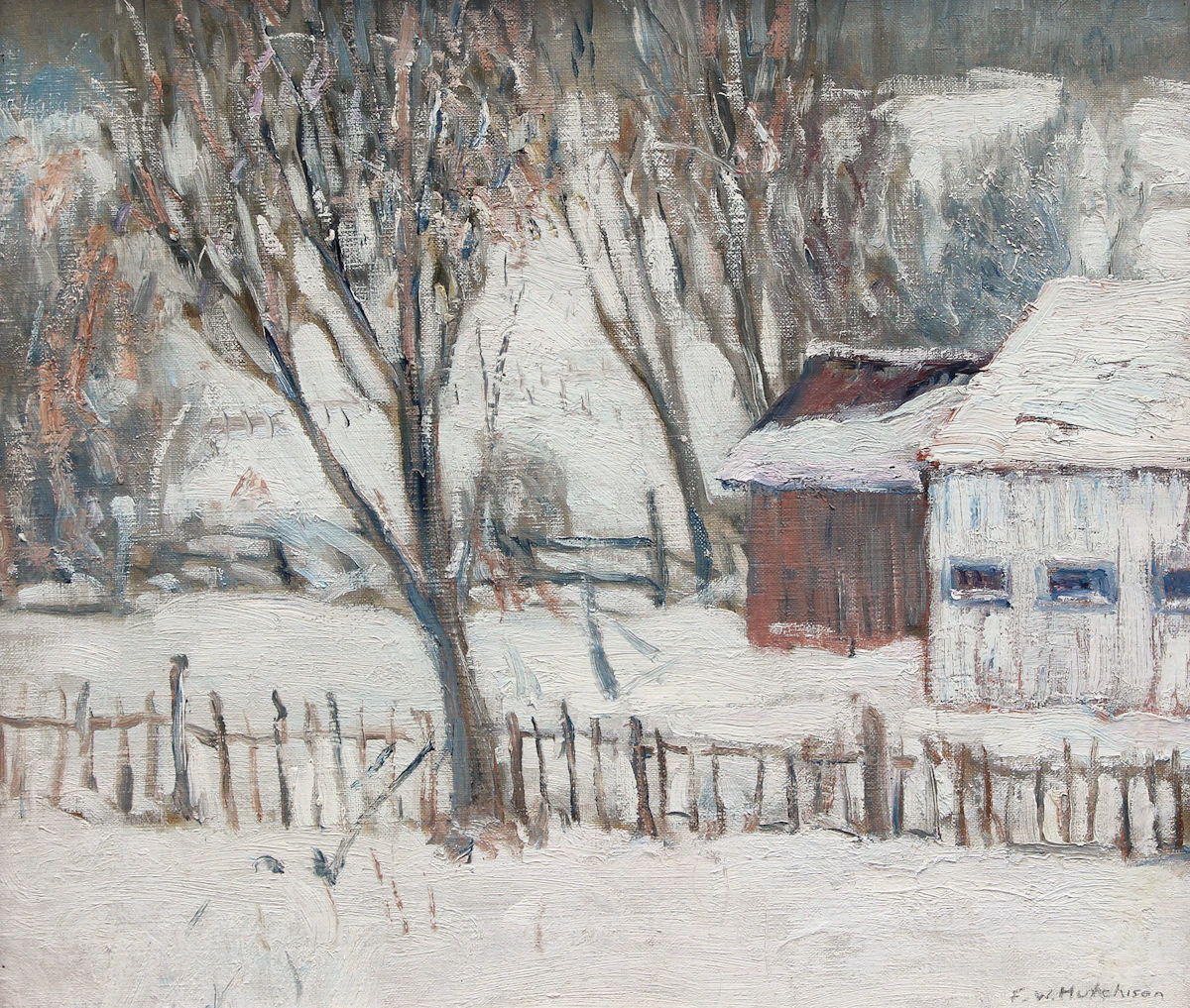 Frederick William Hutchison, Barns in Winter, oil on canvas