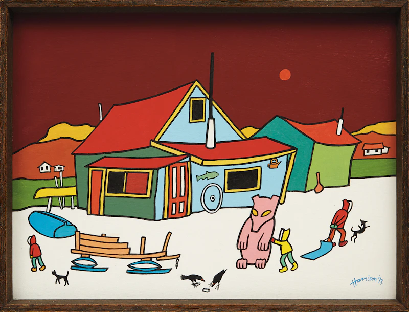 Ted Harrison, Curries Corner Cabin, Tagish, Yukon, oil on canvas board, 1973 - view 2