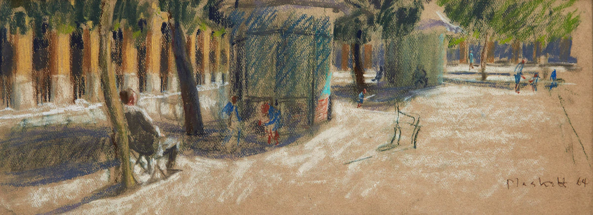 Joseph Francis Plaskett, Dans les Jardins du Palais Royal, pastel, 1964