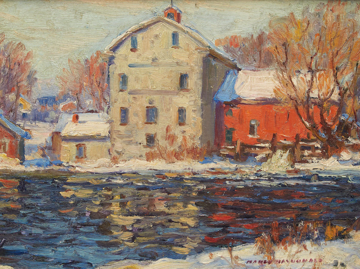 Manly Edward MacDonald, Mill Along Winter Stream, oil on board
