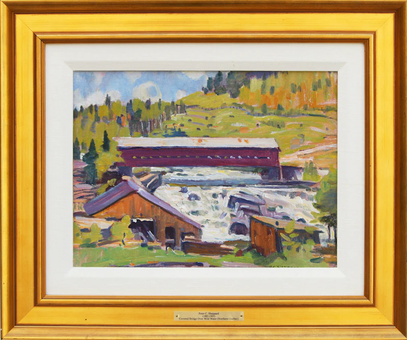 Peter Clapham Sheppard, Covered Bridge Over Wild Water (Northern Quebec) , oil on board - view 2