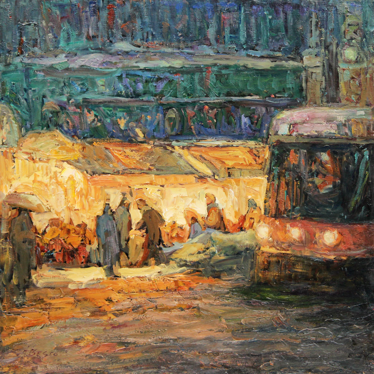 Donald Besco, Riverdale Market, Autumn Evening, oil on board