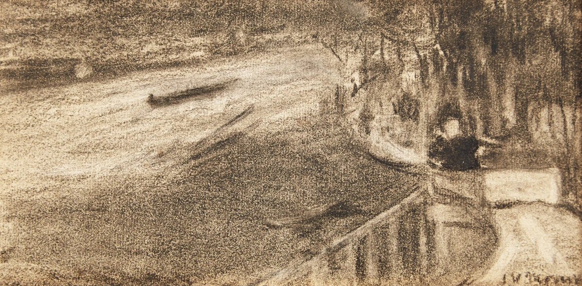 James Wilson Morrice, Riverside Promenade, black chalk on paper, circa 1890-1891